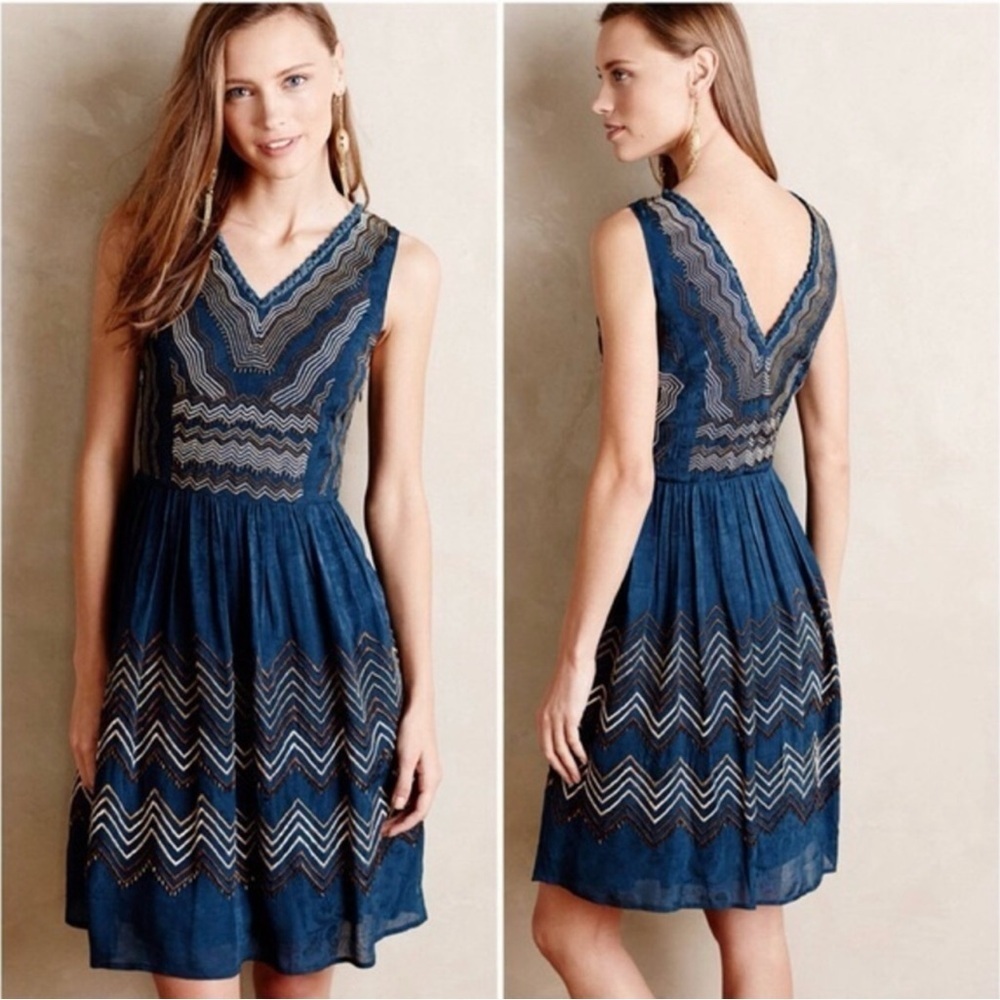 Anthropologie Meadow Rue Embroidered Beaded Chevron Dress Blue Size 0